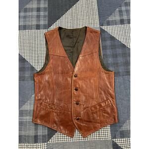 Vintage 1970s Dark Leather Vest‎ Button Front Pockets Rockabilly Mens Size 36
